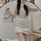 Long-sleeve Rhinestone-accent Knit Top / Mini Skirt