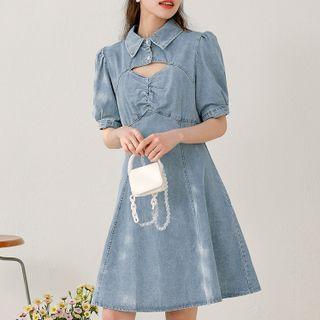 Short-sleeve Denim Collared A-line Dress