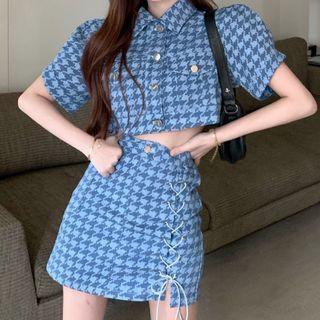 Puff-sleeve Houndstooth Cropped Jacket / Lace Up Mini Pencil Skirt