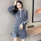 Long-sleeve Corduroy Drawstring Mini Dress