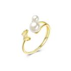 925 Sterling Silver Gold Plated Elegant Fashion Butterfly Adjustable Pearl Ring Golden - One Size