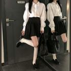 Puff-sleeve Plain Shirt / High-waist Plain Pleated Skirt