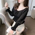 Long-sleeve Shirred Frill Trim Cropped Blouse