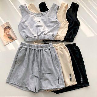 Set:lettering Print Tank Top + High-waist Shorts