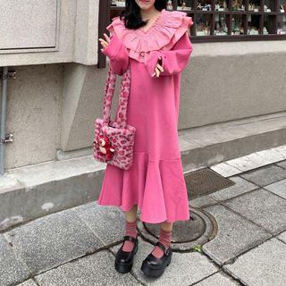 Long-sleeve Peter Pan Collar Ruffled Trim Dress Dress - One Size