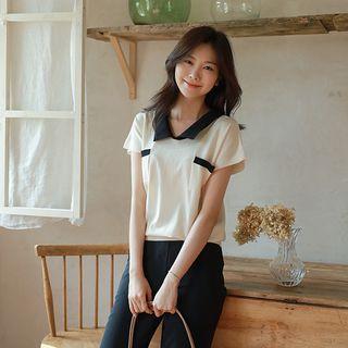 Contrast-collar Drop-shoulder Knit Top