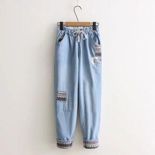 Patchwork Drawstring Jeans Blue - One Size