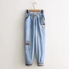Patchwork Drawstring Jeans Blue - One Size