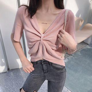 V-neck Bow Knit T-shirt