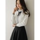 Frill-neck Contrast-trim Knit Top Ivory - One Size