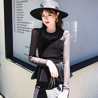 Set: Mesh Long-sleeve Top + Velvet Camisole Top