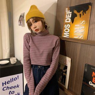 Turtle Neck Long-sleeve Striped T-shirt