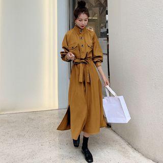 Contrast Stitching Tie-waist Maxi A-line Shirtdress