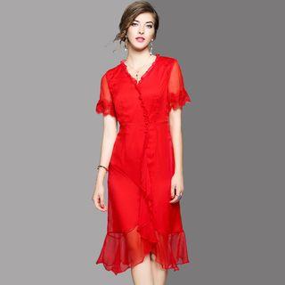 Lace Cuff Frilled Silk Midi Dress