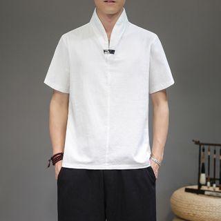 Short-sleeve Stand Collar Linen Blend Shirt