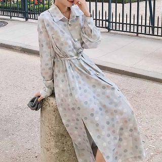 Long-sleeve Dotted Top / A-line Midi Dress