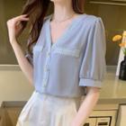 Elbow-sleeve V-neck Button-up Blouse