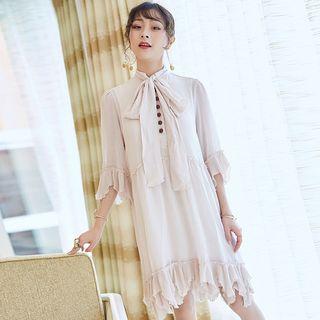 3/4-sleeve Tie-neck Chiffon Dress