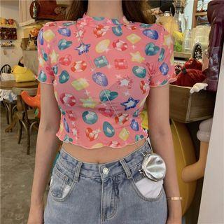 Printed Cropped Short-sleeve T-shirt As Shown In Figure - One Size