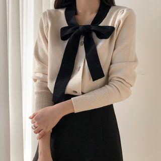 Contrast Tie-neck Cardigan One Size