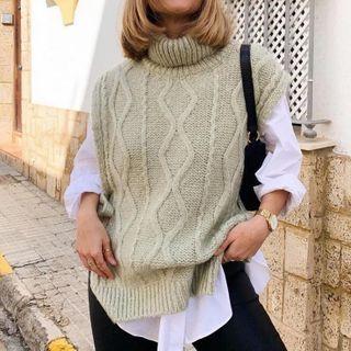 Turtleneck Knit Sweater Vest Green - One Size