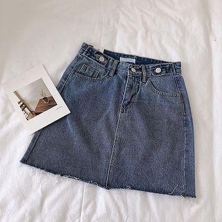 High-waist Frayed Denim Skirt