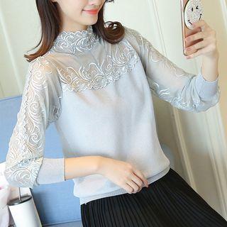 Lace Panel Mock Neck Long-sleeve Top