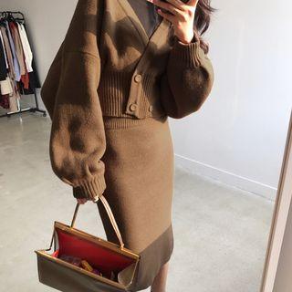 Set: V-neck Double-breasted Cardigan + Midi Knit Pencil Skirt