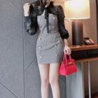 Long-sleeve Houndstooth Panel Double-breasted Mini Dress
