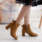 Faux Suede Back Ribbon Block Heel Ankle Boots