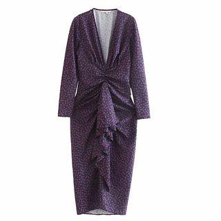 V-neck Long-sleeve Dotted Ruffled Midi A-line Dress