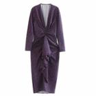V-neck Long-sleeve Dotted Ruffled Midi A-line Dress