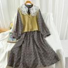 Set: Long-sleeve Floral Print Midi A-line Dress + Buttoned Knit Vest