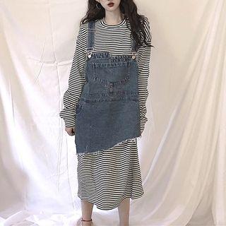 Denim Panel Long-sleeve Midi T-shirt Dress As Shown In Figure - One Size