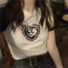 Denim Mini Pleated Skirt / Short-sleeve Heart Print T-shirt