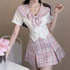 Short-sleeve Plaid Collar Bow Shirt / A-line Skirt