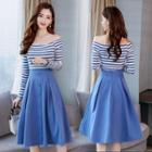 Set: Off-shoulder Striped Long-sleeve T-shirt + High Waist A-line Skirt