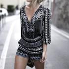 Patterned V-neck 3/4-sleeve Playsuit