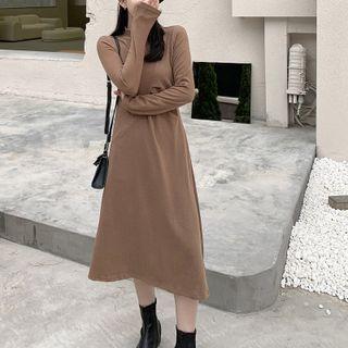 Mock-neck Plain Pleated A-line Dress