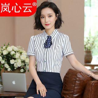 Pinstripe Short-sleeve Blouse / + Mini Skirt Set