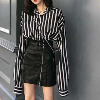 Set: Striped Shirt + Faux Leather Zip Detail Mini Straight-fit Skirt