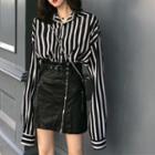 Set: Striped Shirt + Faux Leather Zip Detail Mini Straight-fit Skirt