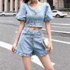 Set: Zip Detail Short-sleeve Denim Crop Top + High-waist Buttoned Denim Shorts