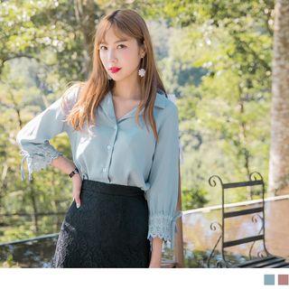 Lace Cuff Panel V-neck Blouse