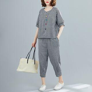 Set : Plaid Round-neck Semi-sleeve Top + Plaid Cropped Pants