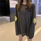 Long-sleeve Smiley Face Printed T-shirt Dark Gray - One Size