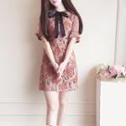 Bow Accent Elbow Sleeve Lace Dress