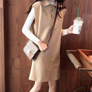 Set : Long-sleeve Knit Top + Polo Collar Vest Skirt