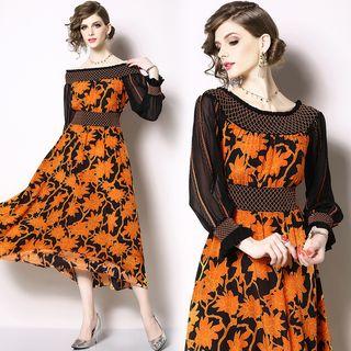 3/4-sleeve Print Gather Waist Dress