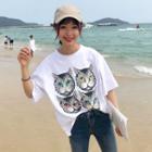 Cat Print Loose-fit 3/4-sleeve T-shirt
